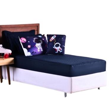Imagem de Colcha Cobre Leito Jogo Roupa Cama Solteiro 5 Peças Matelado Infantil Simples Quarto Criança Menino Astronauta Marinho