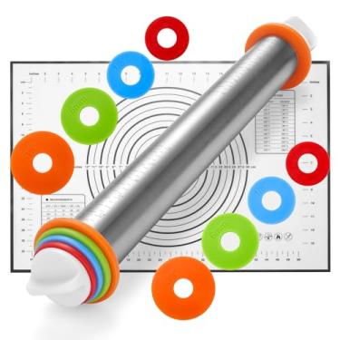 Imagem de Rolo de massa de aço inoxidável de 43 cm com 4 anéis de espessura ajustável e tapete de cozimento para massa, pizza, tortas, pastelaria, macarrão, biscoitos