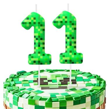 Imagem de Velas com número de aniversário de 11 anos da Green Pixel, decorações de topo de bolo número 11 para festas temáticas de jogos de pixel verde, velas de bolo de aniversário para meninos e meninas,