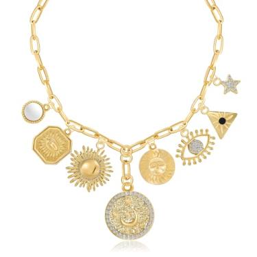 Imagem de MISS RIGHT Colar dourado delicado com pingente de moeda de mão hamsa olho turco para mulheres meninas moderno vintage clipe de papel corrente sol lua trevo flor pingente grosso colar joias presentes,
