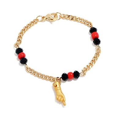 Imagem de Caiyao Pingente de mão com gesto Figa banhado a ouro 18 K, pulseira de corrente azabache, tornozeleira de mão de bebê, amuleto de boa sorte, joia de proteção para mulheres e meninas, Metal, à mão