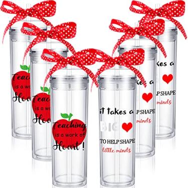 Imagem de Roshtia 6 copos de agradecimento de professores presentes a granel para professores 473 ml copos finos de acrílico transparente com palha, tampa e fita larga copos de plástico garrafa de água