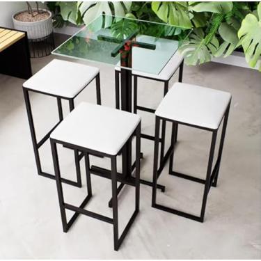 Imagem de Conjunto Mesa Alta Bar Bistrô Quadrada Vidro 4 Bancos Estofado Industrial Black (Branco)