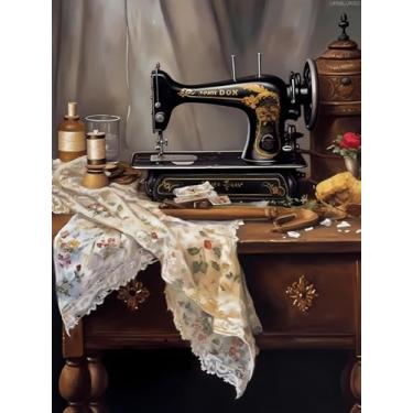 Imagem de UPABLUNSO Kits de pintura de diamante, máquina de costura, vintage, kits de arte de diamante para adultos, máquina de costura, artesanato, decoração de parede para casa, faça você mesmo, arte de pedra