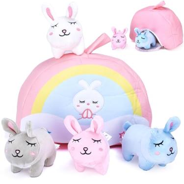 Imagem de PixieCrush Premium Bunny Plush Toy Set of 5 - Vibrant, Durable & Adorable Bunny Toys for Girls - Ideal Gift Choice for Magical Playtime & Decor - Mini Bunnies with Rainbow Bag Set