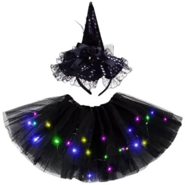 Imagem de Fantasia de Bruxa Infantil Com LED, Saia Tutu Preta com Luzes e Tiara Halloween
