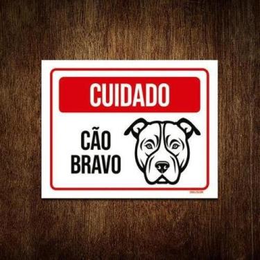 Imagem de Kit 5 Placas Sinalização - Cuidado Cão Bravo Preto Branco - Sinalizo.C