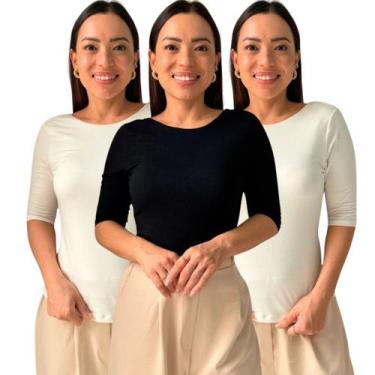 Imagem de Kit 3 Blusas Feminina Manga 3/4 com Abertura nas Costas - Maranne, Kit