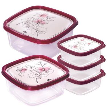 Imagem de Kit potes quadrados decorado 3 x 580ml, 1 x 1,1L e 1 x 1,6L vinho flor