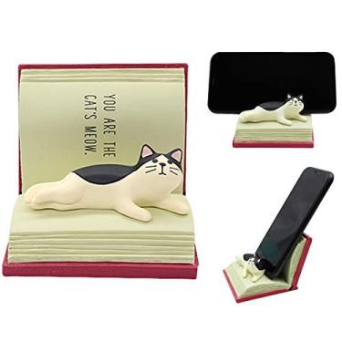 Imagem de Bolley Joss Suporte de telefone celular de mesa fofo relaxado gato no livro para escritório, mãos livres, enfeite de casa