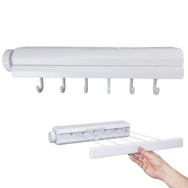Imagem de Varal de Parede Retratil Automatico 5 Cordas Ajustavel Extensivel 6 Ganchos Secador de Roupa Lavanderia Organizaçao Casa Apartamento Multiuso