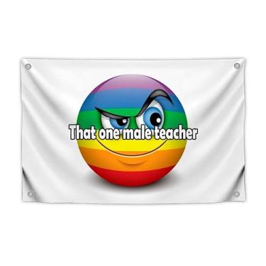 Imagem de Bandeira multicolorida com citação Emodji de 9,5 cm x 1,5 m "That One Male Teacher" com 4 ilhós de latão - Faixa de poliéster de sorriso de emojis de um lado para decoração de parede - Bandeiras de