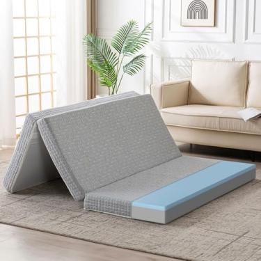 Imagem de Wellos Colchão dobrável, tapete de espuma viscoelástica de 10 cm, colchão portátil triplo dobrável para crianças e adultos, capa lavável, design antiderrapante, tamanho queen cinza