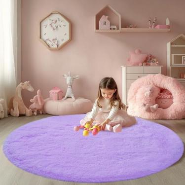 Imagem de CAIYUECS Tapete fofo redondo roxo para quarto: tapetes circulares para quarto de crianças - Tapete felpudo de pelúcia para meninas - Tapete macio e felpudo para quarto, decoração de quarto fofo, roxo