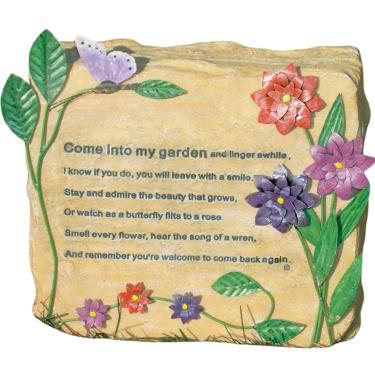 Imagem de BANBERRY DESIGNS Decorative Garden Stone - Come Into My Garden Quote - Metal Flowers and Butterflies Stands Approx 8.5 Inches Tall