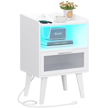 Imagem de VIMBER Criado-Mudo Com Led Ajustável E Gaveta Projetada Para Quarto, Mesa Lateral Estação De Carregamento, Compartimento Aberto Sala Estar, Branco Lnt001W