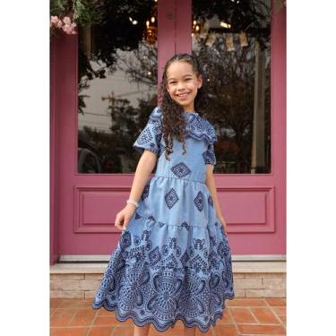 Imagem de Vestido Infantil Teen Bordado Vazado Laise Decote Com Babados Manga Cu