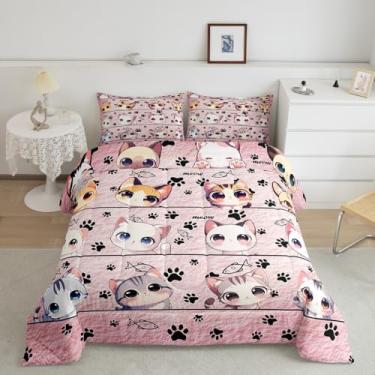 Imagem de Castle Fairy Conjunto de edredom fofo de gato, tamanho infantil, animas, rosa claro, para quarto de crianças e adolescentes, edredom de plumas, 2 peças, 1 fronha