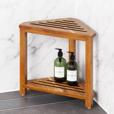 Imagem de Kzeirm Banco De Chuveiro Madeira Acácia Com 35,5 Cm Altura, Canto E Apoio Para Os Pés Barbear As Pernas, Assento Banho À Prova D'Água Prateleira Armazenamento, Design Compacto Pequenos Espaços Inter