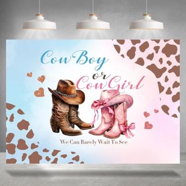 Imagem de Rsuuinu Pano de fundo revelador de gênero caubói ou vaqueira azul rosa ele ou ela mal podemos esperar para ver botas, chapéus, laço, fotografia, fundo, chá de bebê, suprimentos de decoração de festa