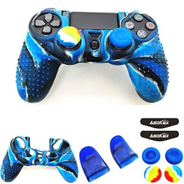 Imagem de Capa de silicone para controle Ps4 (1 capa antiderrapante, 1 par extensor de gatilho L2 R2, 4 peças de apoio para polegar, 4 peças de protetor de barra de luz de LED para controle DualShock PS4/Slim/Pro, blue granular