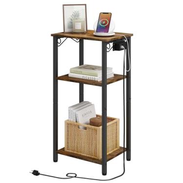 Imagem de Hoctieon Mesa de canto com estação de carregamento, mesa de cabeceira de 3 níveis de altura com prateleira de armazenamento, mesa lateral com portas e tomadas USB, mesa de cabeceira para sala de estar, quarto, moldura de aço, marrom rústico