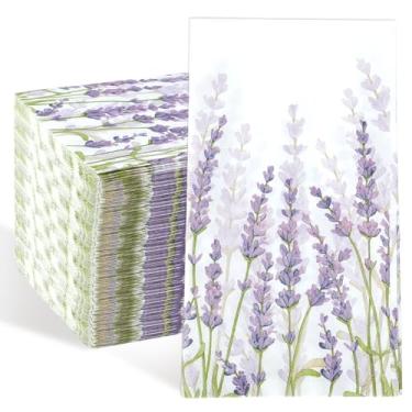 Imagem de 100 guardanapos de papel floral lavanda, toalhas de mão descartáveis de 33 x 39,9 cm para banheiro, guardanapos de papel lavanda decorativos de 2 camadas, toalhas de hóspedes, banheiro descartável