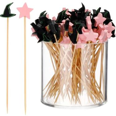 Imagem de Chengu 600 palitos de coquetel de festa de bruxa 13 cm palitos de bambu verde rosa para aperitivos de bebida, chapéu de bruxa e varinha mágica, bolo, sobremesa, alimentos, palitos de frutas para
