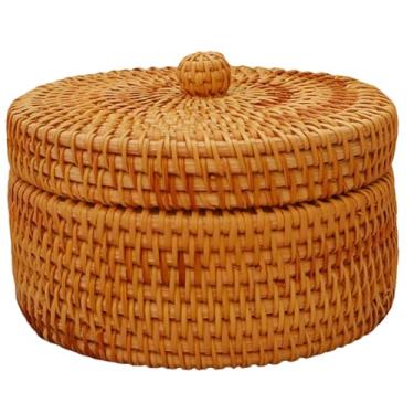 Imagem de Cesta de vime com tampa, cesta redonda de armazenamento de vime de 14 x 7 cm, caixa de armazenamento de tecido minimalista natural e suave para frutas, artigos diversos, brinquedos, controle remoto.