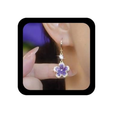 Imagem de Ximdble Brincos pendentes de cristal de ametista vintage brincos de gota de ametista roxa brincos de flor de strass CZ argola de flor brincos de argola para mulheres