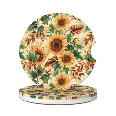 Imagem de Neukim Pacote com 2 porta-copos de girassóis e folhas de outono, porta-copos de cerâmica antiderrapante de 6 cm com base de cortiça e entalhe de dedo, acessórios de carro interiores para mulheres e