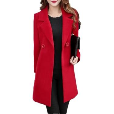 Imagem de Casaco De Lã Feminino Inverno Elegante Gola Entalhada Trespassado Mistura De Lã Sobre Casaco De Ervilha De Cor Sólida, Red, 3XL