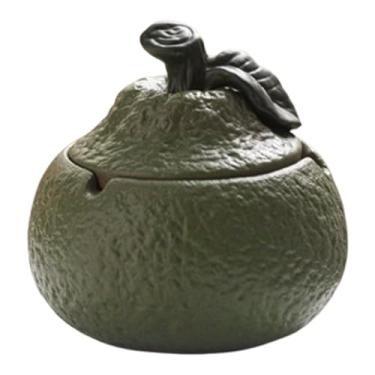 Imagem de Cinzeiro de cerâmica com tampa, cinzeiro de cerâmica, formato laranja com tampa e ranhura côncava para cigarro, cinzeiro antiderrapante à prova de vento para uso interno ou externo, verde, para pátio