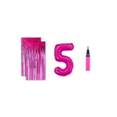 Imagem de Kit 2 Cortinas Metalizadas e Balão Número+Inflador Ar- Rosa - Partiufe