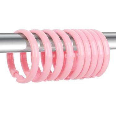 Imagem de Qulable Ganchos de cortina de chuveiro rosa - 12 peças de anéis circulares de cortina de chuveiro de plástico para banheiro - Anéis de ganchos de chuveiro rosa claro em forma de O para varão de