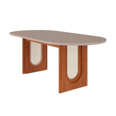 Imagem de Mesa p/ Cozinha Valentina c/ Tampo Madeirado Oval 210x100cm Cinamomo/Off White - Cimol