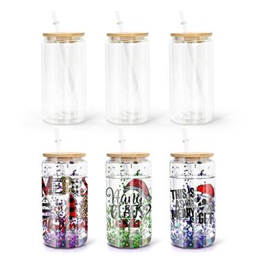 Imagem de AGH Globo de Neve de Sublimação de 16 Onças, Copos em Formato de Lata com Tampas e Canudos de Bambu - Pacote com 6, Lata de Cerveja em Branco de Parede Dupla, Copos de Café Gelado de Vidro Transparent
