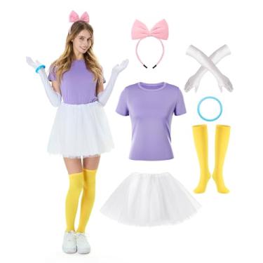 Imagem de Halfchet Conjunto de 6 peças de fantasia de pato de Halloween inclui meia-calça com pé superior laço nó de cabelo pulseira de argola luvas de festa saia tutu, Colorido., M