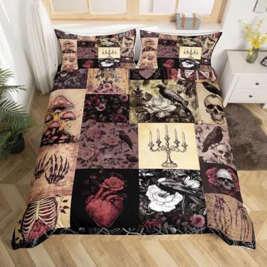 Imagem de Conjunto de capa de edredom boho esqueleto, tamanho casal, cogumelo corvo gótico, 3 peças, capa de edredom com cintura rosa vermelha escura para decoração de quarto de crianças, meninas, mulheres