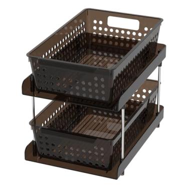 Imagem de Organizador de 2 andares, organizador de armário embaixo da pia, organizador de armário deslizante versátil para economia de espaço, prateleiras de armazenamento de pia de metal sólido fáceis de