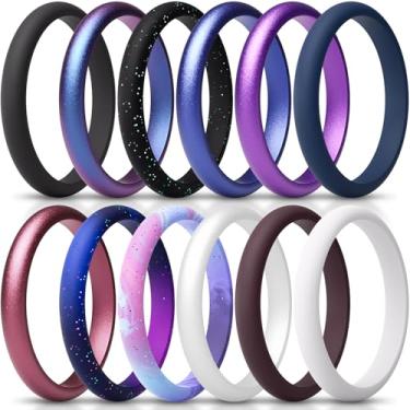Imagem de ThunderFit Anel feminino fino e empilhável de silicone, alianças de casamento de silicone, 2,5 mm de largura e 2 mm de espessura, pacote variado 1-12, 7.5 - 8 (18.2mm), Silicone, Sem pedra preciosa