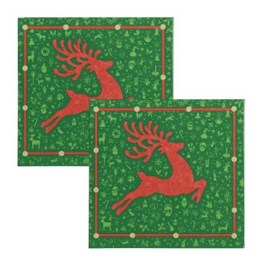 Imagem de Kit Guardanapo de Natal Estampado Rena Verde e Vermelho 25x25cm Folha Dupla Prime 40 Unidades