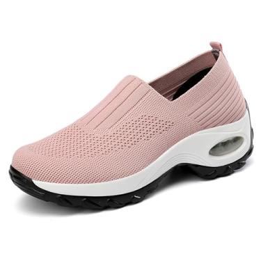 Imagem de Optigard Tênis feminino de malha sem cadarço com suporte de arco e amortecimento de ar, sapatos atléticos, casuais, confortáveis, para trabalho, enfermagem, plataforma, mocassim, Bege, 36