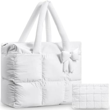 Imagem de Abbylike Bolsa feminina grande acolchoada e acolchoada com zíper, bolsa leve e laço para trabalho, viagem, academia, Branco, Large
