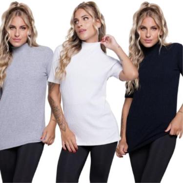 Imagem de KIT 3 Blusa Manga Curta Gola Alta WLS Modas Em Malha Canelada Blogueir