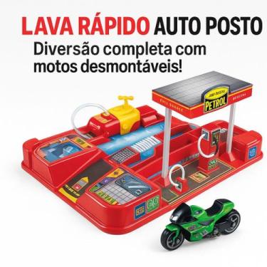 Imagem de Brinquedo Infantil Auto Posto Pit Stop Lava Rapido Com Moto Monta e De