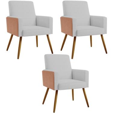 Imagem de Kit 03 Poltronas Decorativa Maria W01 Pés Palito Linho Cinza Couríssimo Camel - Lyam Decor