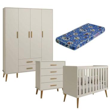 Imagem de Quarto De Bebê Isis 4 Portas Com Gaveteiro Areia Acetinado Com Colchão Ortobom - Reller