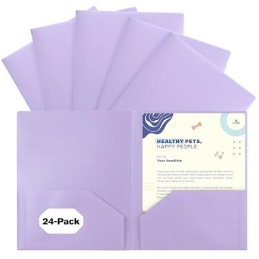 Imagem de EEHZTSI Pacote com 24 pastas de plástico com bolsos, pastas pastel de 2 bolsos para papel tamanho carta dos EUA para escola/escritório/casa, roxo