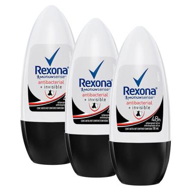 Imagem de Kit 3 Desodorante Antitranspirante Rexona Antibacterial + Invisible Roll-on 50ml